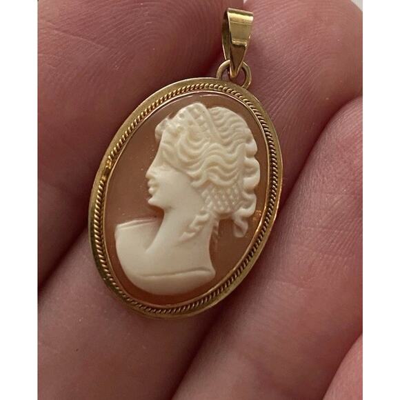 cameo Jewelry - Antique 14K Rose Gold Coral Cameo Pendant Charm Victorian woman Art Nouveau 1”